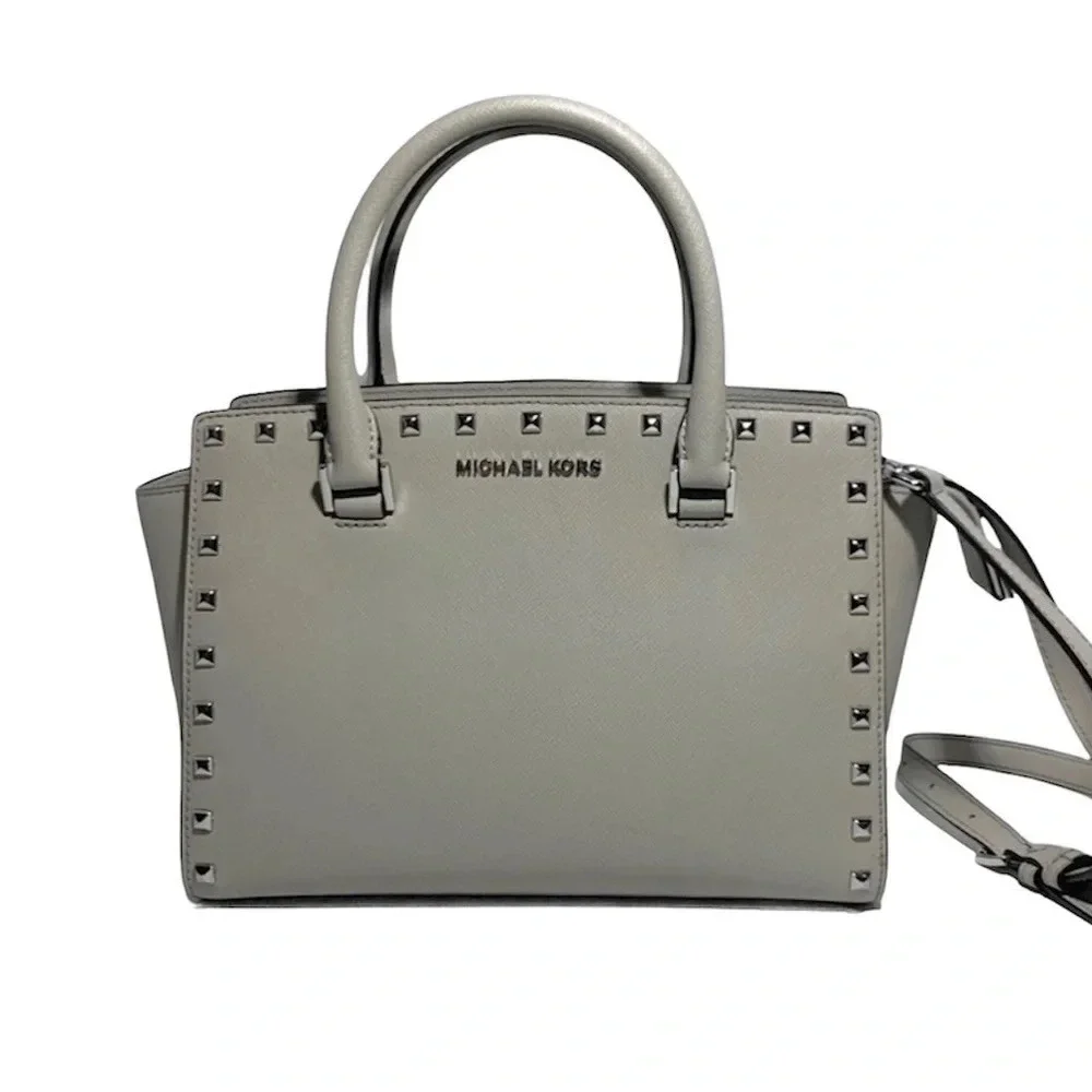 MICHAEL KORS Gray Selma Stud Saffiano Leather Bag
